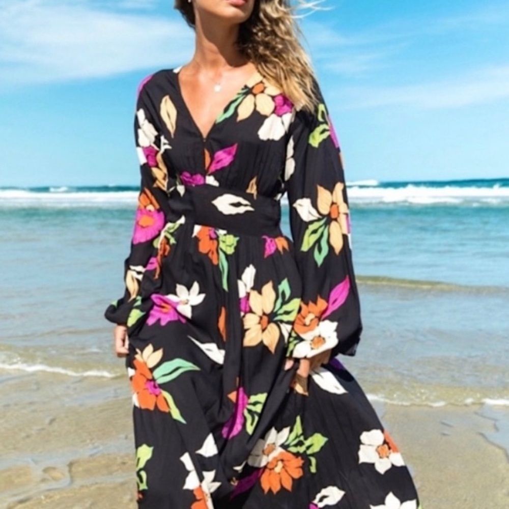 Billabong Nighbloom Floral Long Sleeve Maxi Dress Sz Lrg Bohemian Beachy